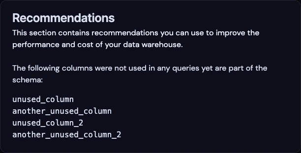 Screenshot of Twing Data highlighting unused tables and columns that can be removed